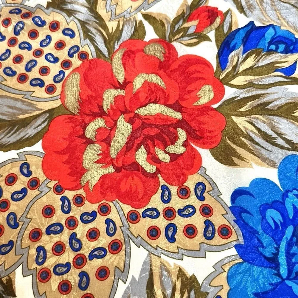 Albert Nipon for XIIX KARAT Silk Scarf Blue Magenta Tan Floral Roses Vintage